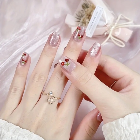 Cherry 3D Press On Nails handmade reusable 10 pc short length cat eye glossy NWT - Picture 5 of 9